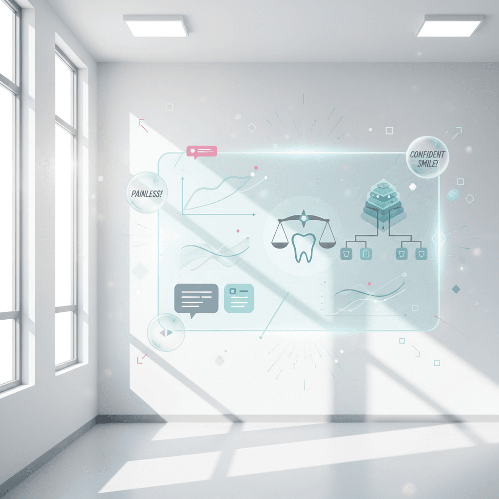 Modern dental clinic illustration with digital dashboard, growth charts, and risk assessment symbols.