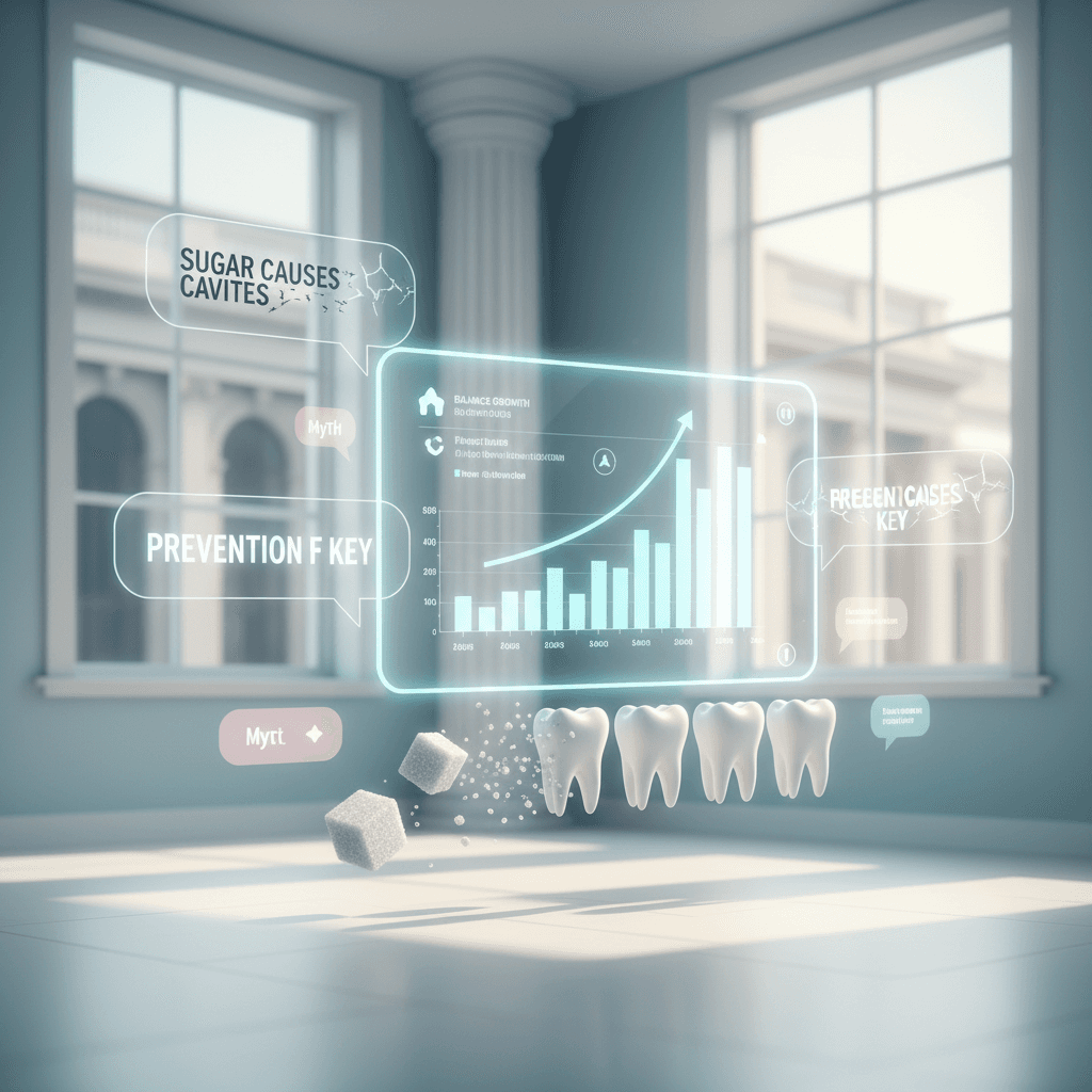 Modern dental clinic illustration with digital health dashboard, testimonials, and health metaphors.