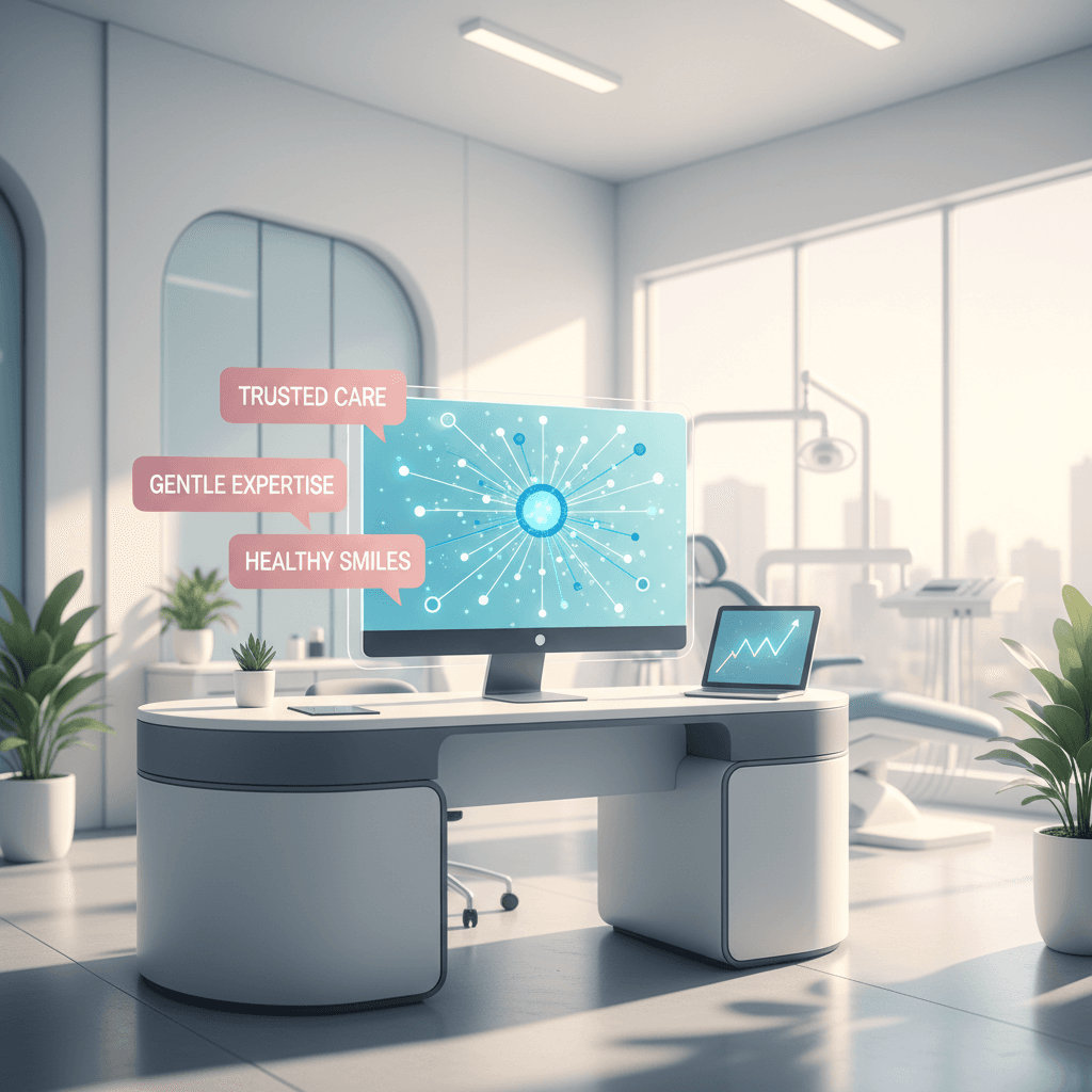 Modern dental clinic illustration with digital workspace, growth charts, and trust bubbles.