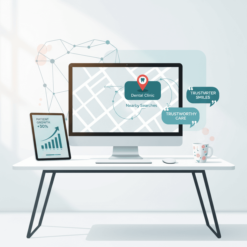 Modern dental clinic illustration with growth charts, testimonial bubbles, and search maps.