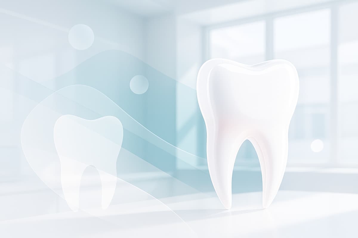 Modern dental clinic illustration with translucent textures, soft colors, and floating shapes.
