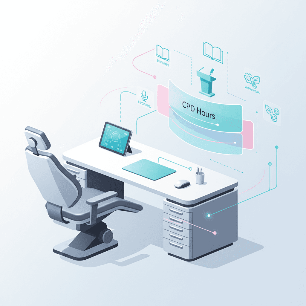Modern dental clinic or dashboard with charts, lecture icons, and workshop motifs in bright, clean tones.