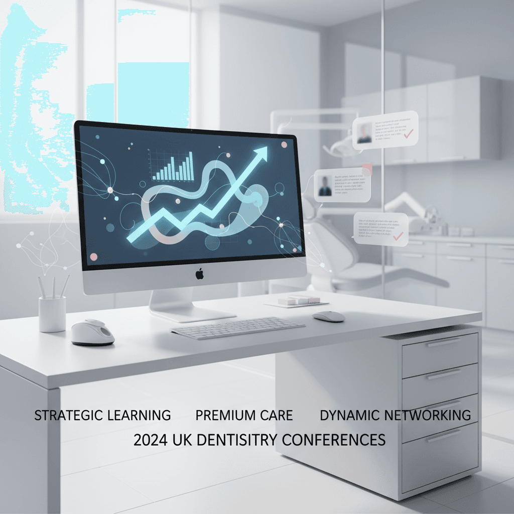 Modern dental clinic scene with digital workspace, growth charts, and testimonial bubbles in clinical tones.