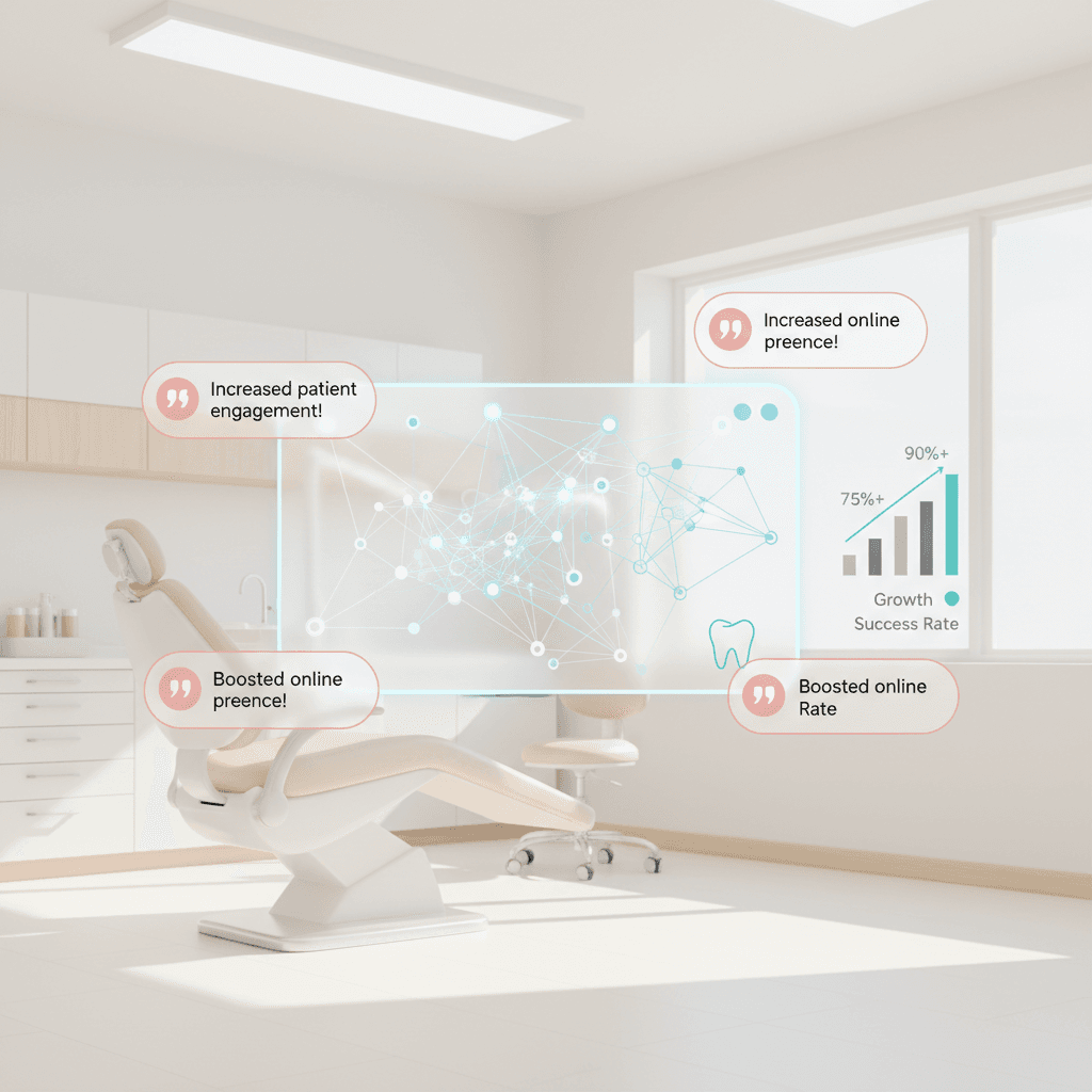 Modern dental clinic treatment room with digital workspace, growth charts, and glowing testimonial bubbles.