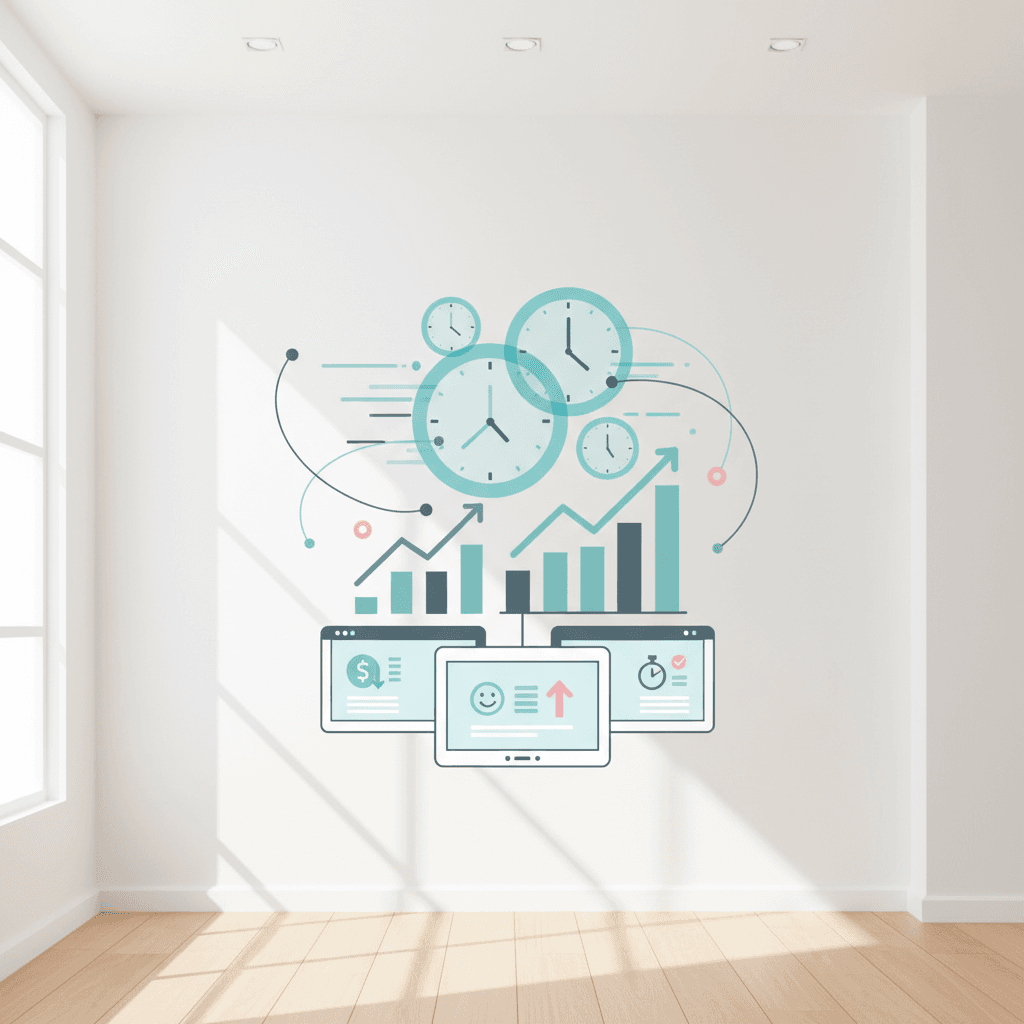 Modern dental clinic with abstract workflow, growth charts, and digital dashboard elements.