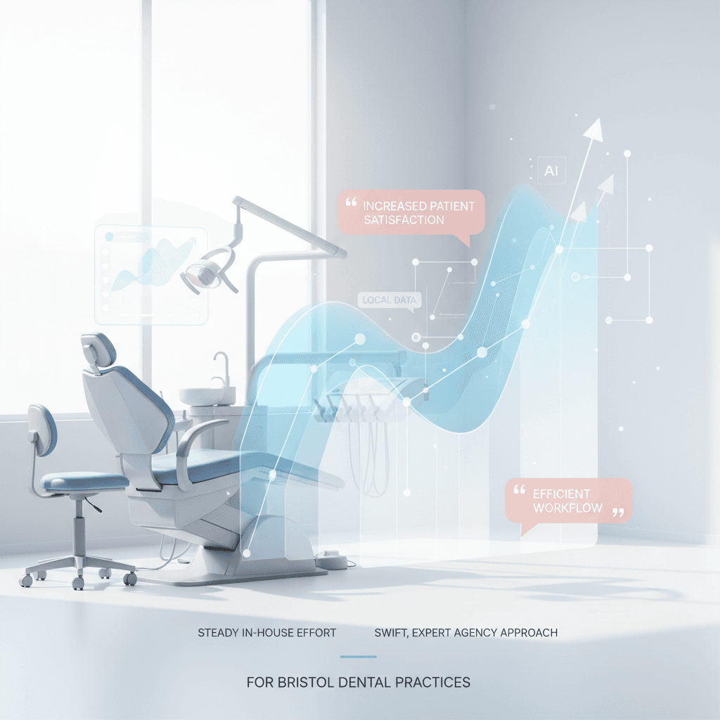 Modern dental clinic with AI dashboard, data charts, and testimonial bubbles in bright workspace.
