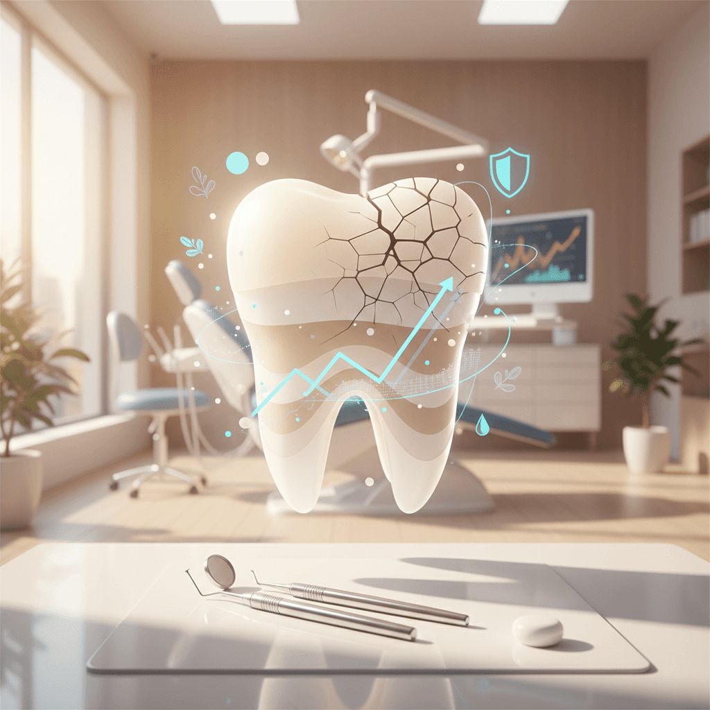 Modern dental clinic with cracked tooth enamel, digital growth icons, and preventive care symbols.