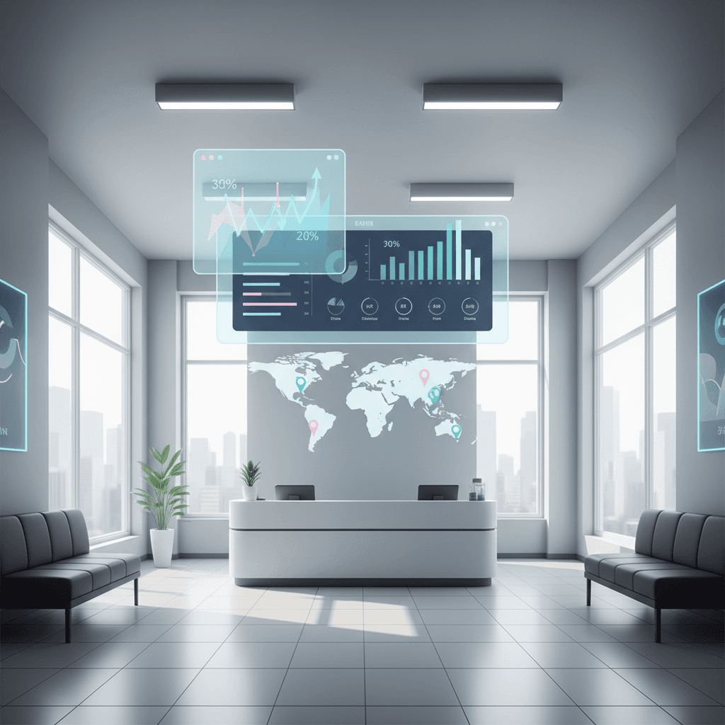 Modern dental clinic with digital dashboard, charts, maps, and warm, professional colors.