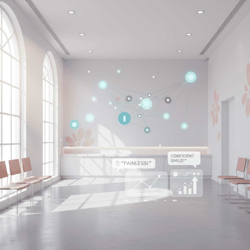 Modern dental clinic with digital dashboard, glowing link nodes, growth charts, and testimonial bubbles.