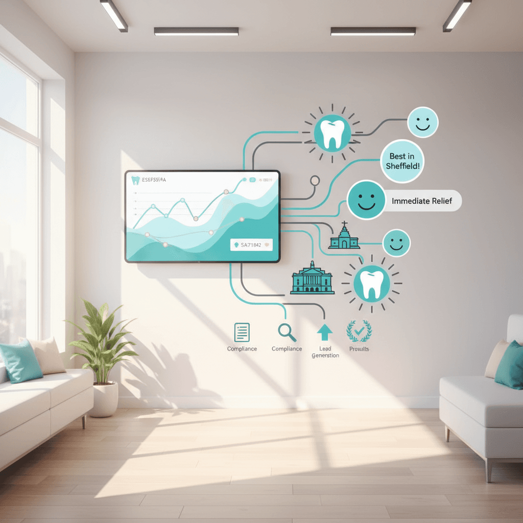 Modern dental clinic with digital dashboard, growth charts, and Sheffield landmarks connecting via flow lines.
