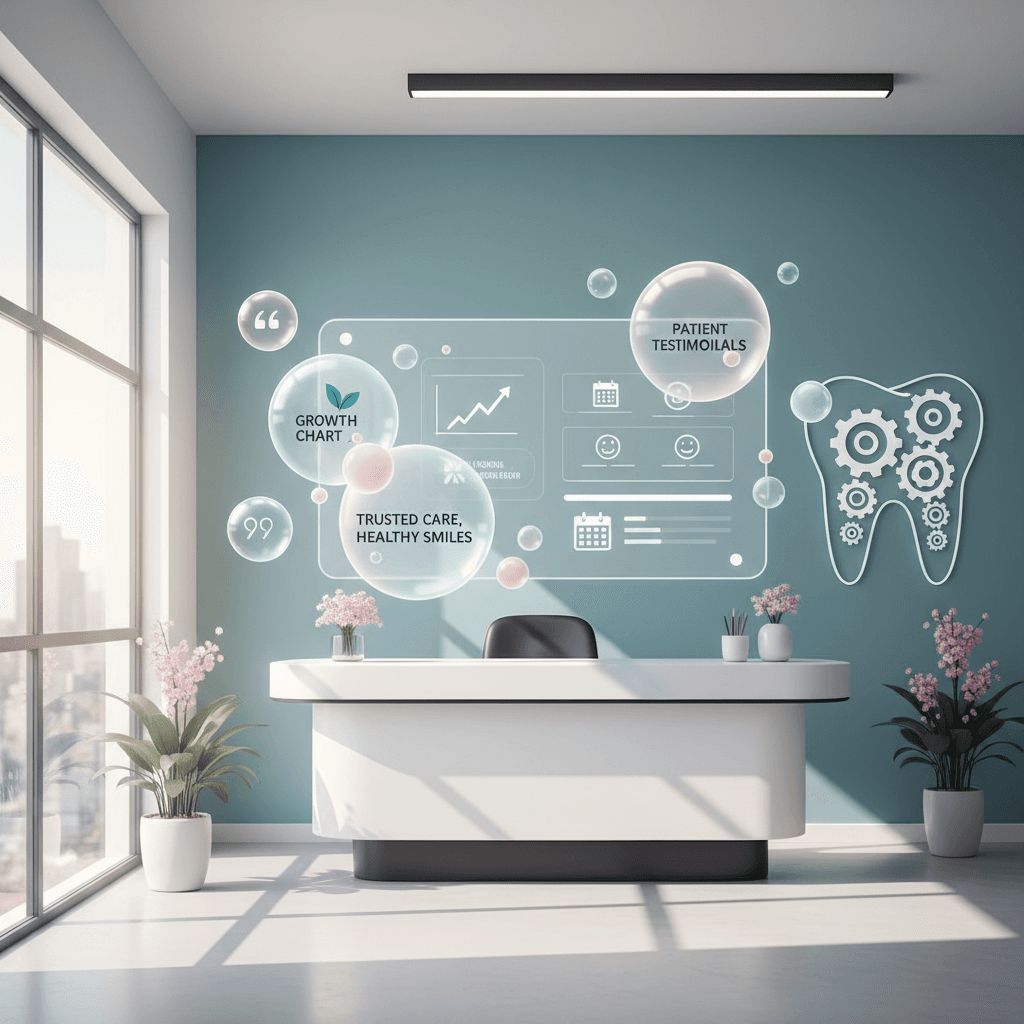 Modern dental clinic with digital dashboard, growth charts, and patient testimonials in warm tones.