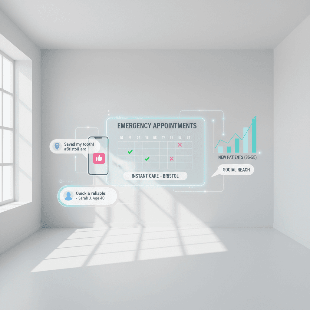 Modern dental clinic with digital dashboard, growth charts, and testimonial bubbles in bright, calming colors.