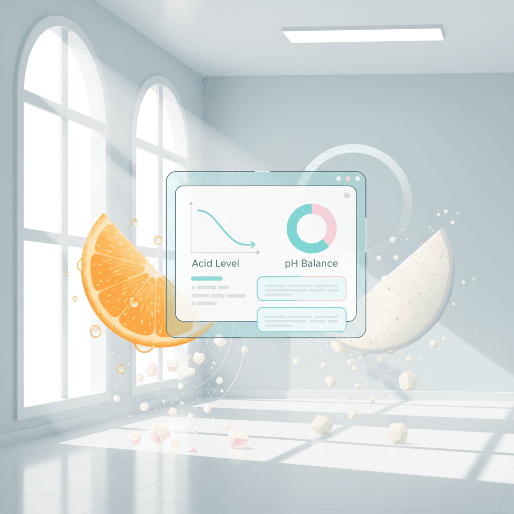 Modern dental clinic with digital dashboard, surrounded by abstract food ingredients and soft colors.