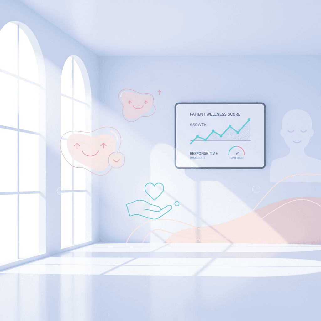 Modern dental clinic with digital dashboard, testimonial bubbles, and warm light reflections.