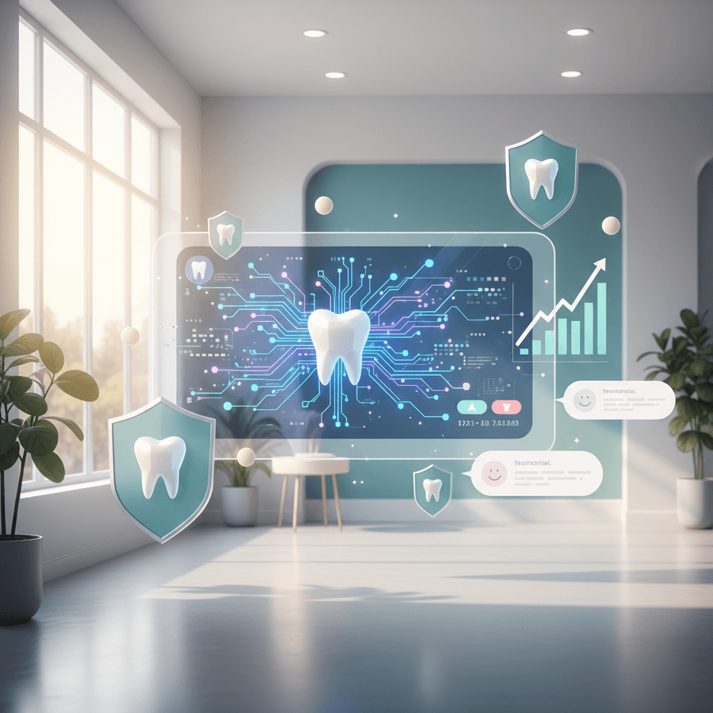 Modern dental clinic with digital dashboard, tooth icons, privacy shields, and soft pastel accents.
