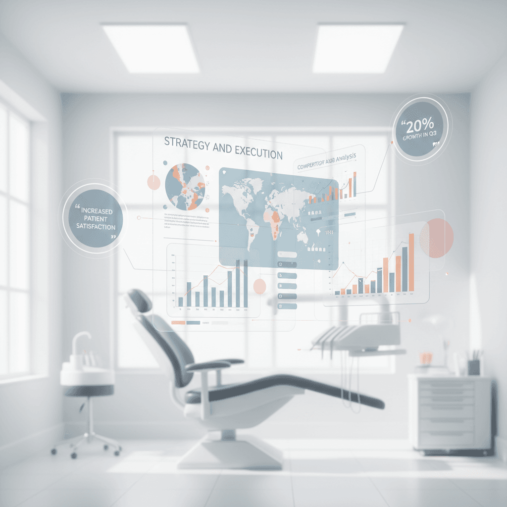 Modern dental clinic with digital dashboards, growth charts, and testimonial bubbles on clean workspace.