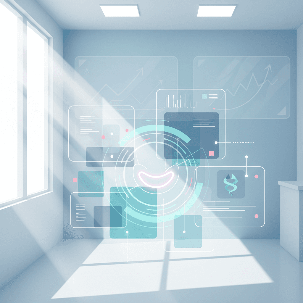 Modern dental clinic with digital interfaces, growth charts, and glowing smile outline in bright, clinical colors.
