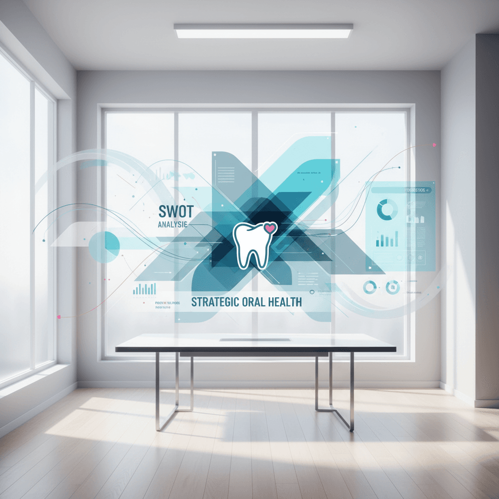 Modern dental clinic with strategic frameworks and abstract geometric charts in bright, clean setting.
