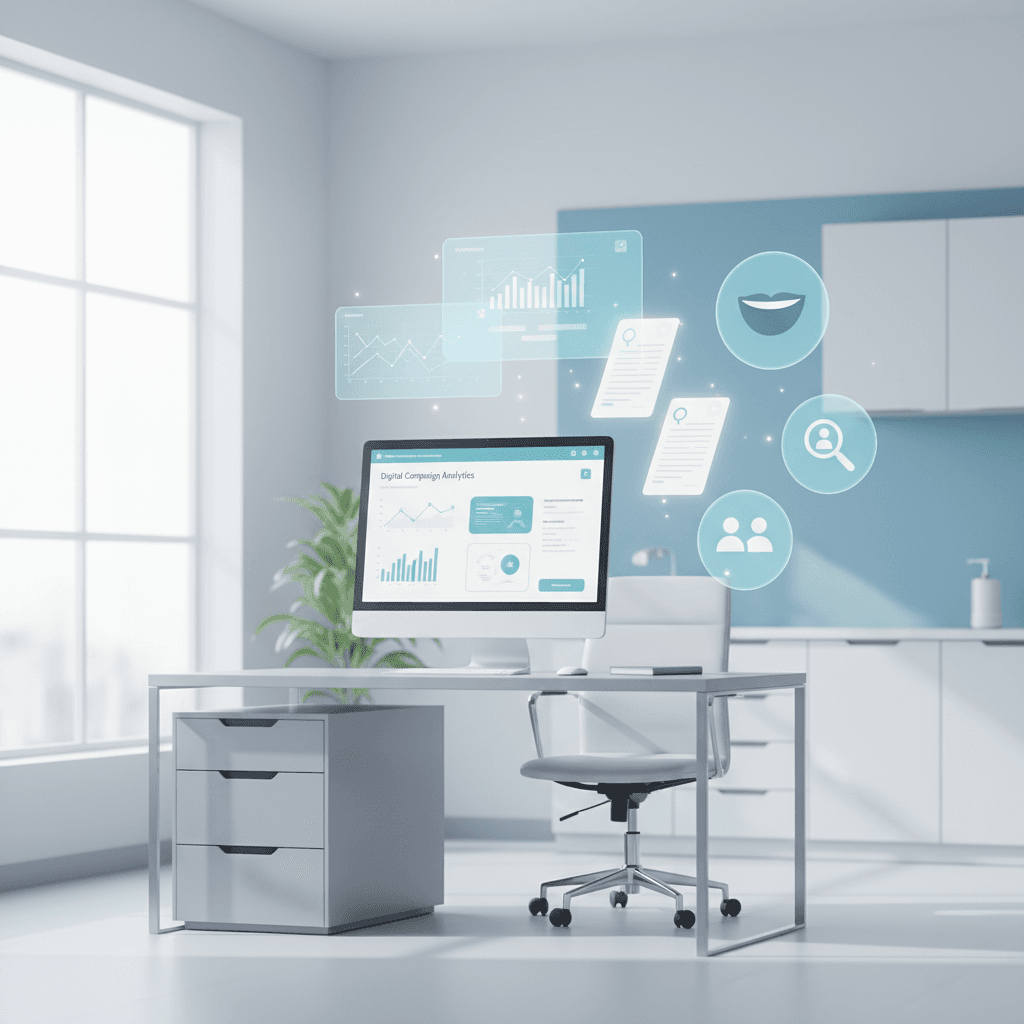 Modern dental clinic workspace with data charts, forms, testimonials, and icons in bright, clean lighting.