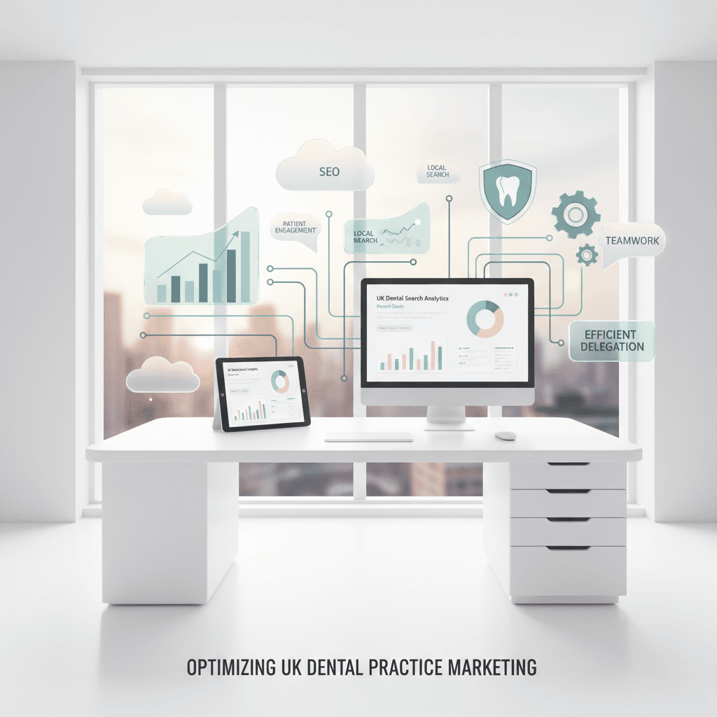 Modern dental clinic workspace with digital devices, charts, and interconnected elements.