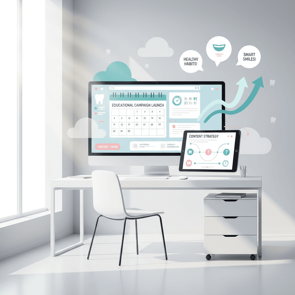 Modern dental clinic workspace with floating charts, testimonials, and calendar icons in bright, clean design.