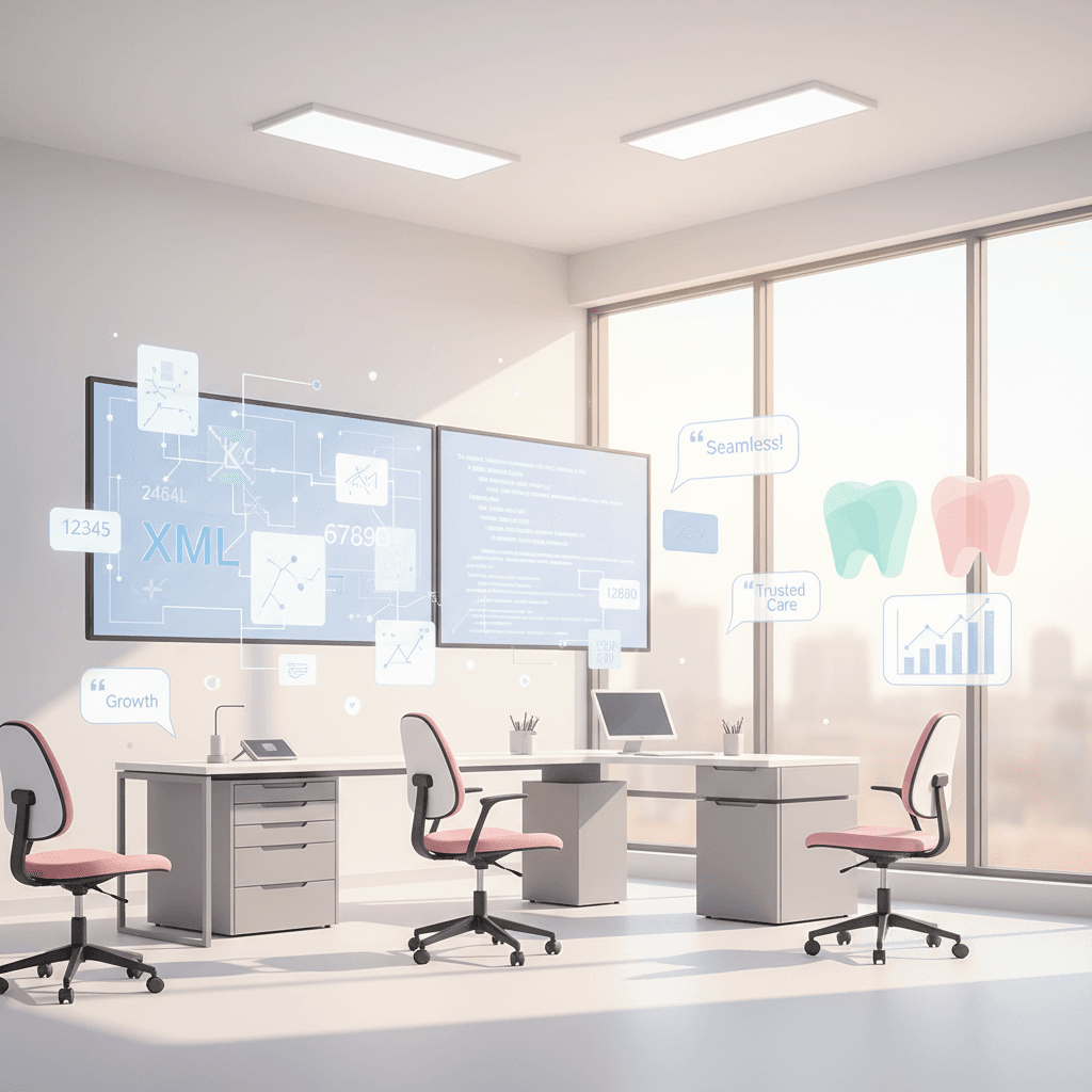 Modern dental clinic workspace with glowing screens, geometric shapes, and data visualizations.