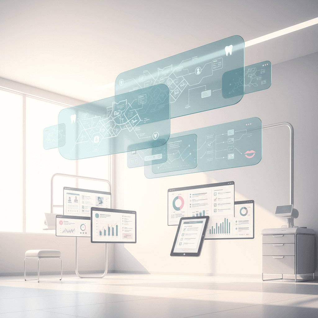 Modern dental clinic workspace with strategic maps, analytics, and collaboration tools.