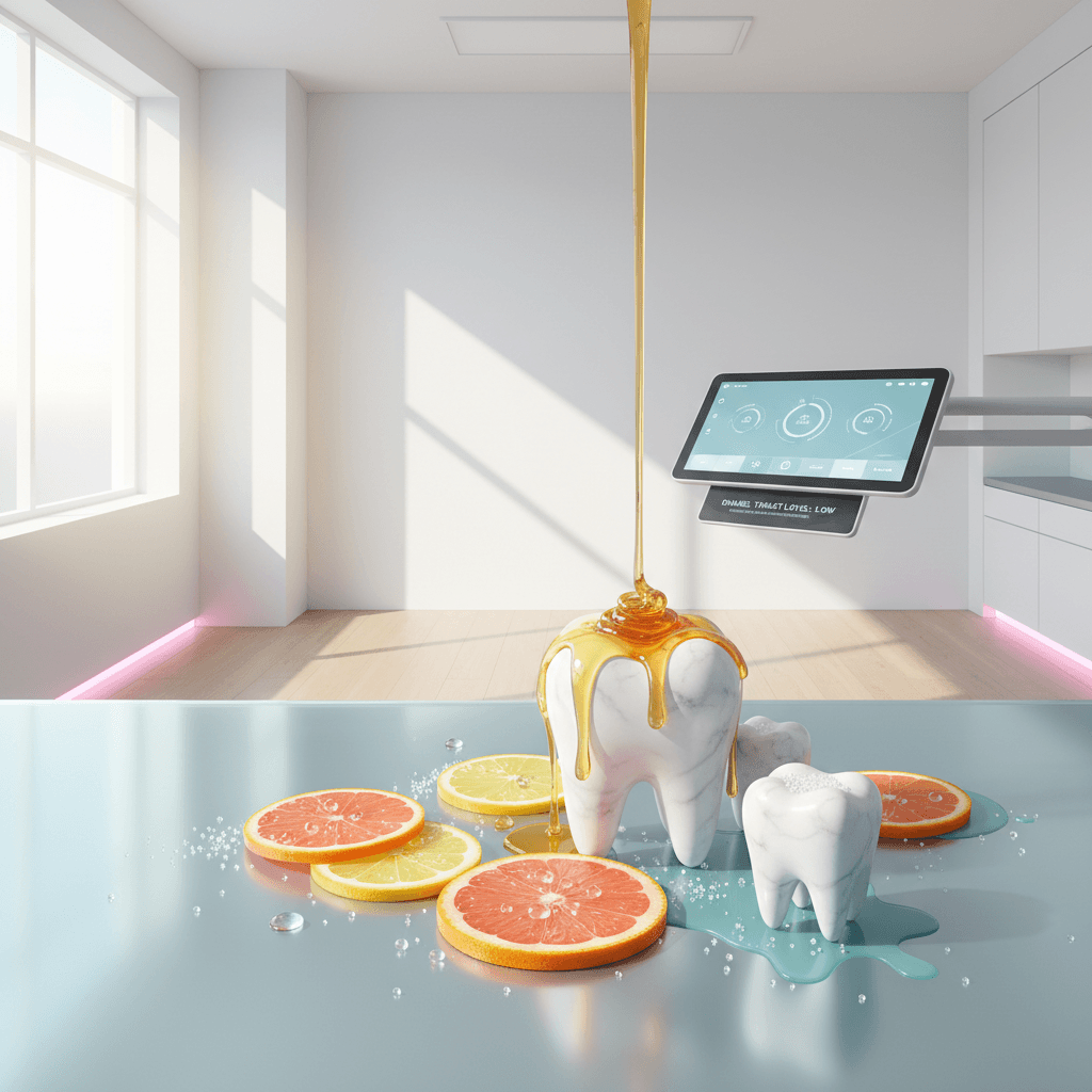 Modern dental dashboard with citrus slices, honey, sugar, pink and teal accents, and clinical setting.