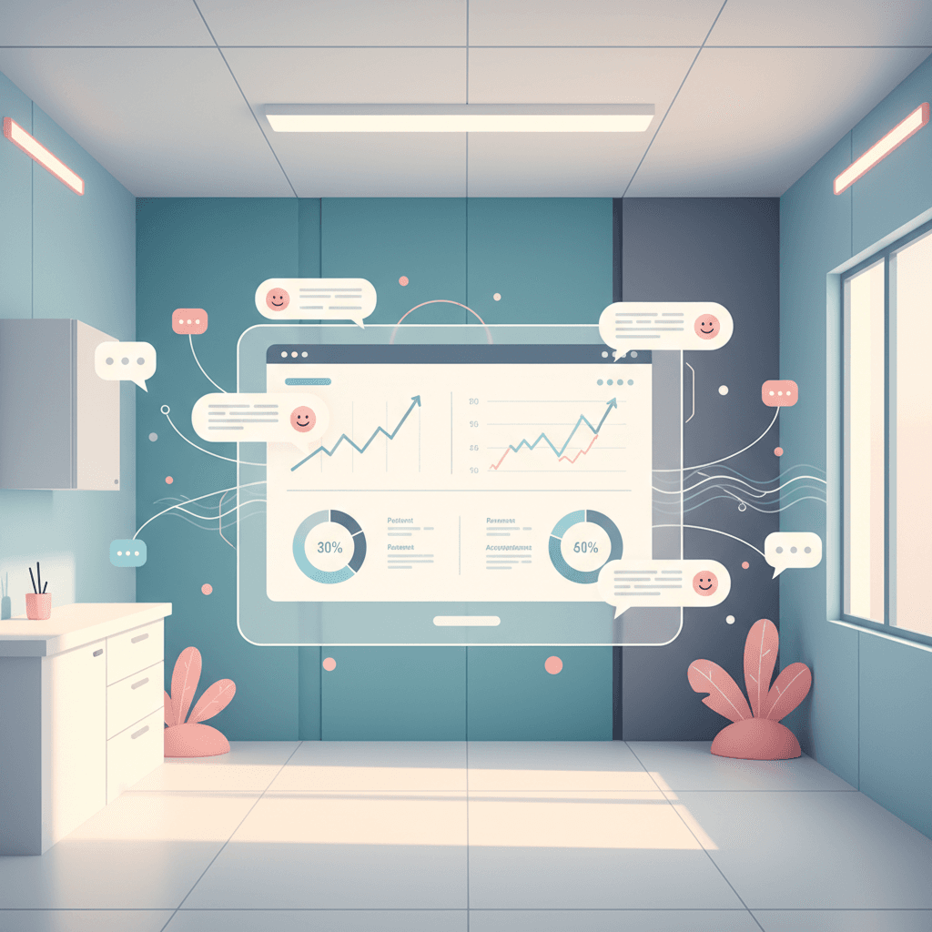 Modern dental dashboard with community symbols in a bright, clinical workspace.