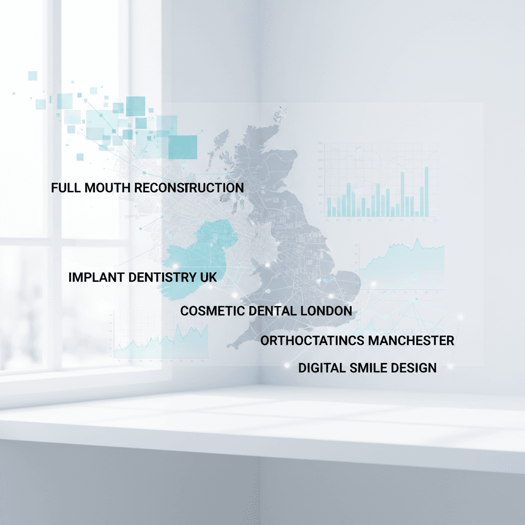 Modern dental dashboard with data streams, maps, and keywords in a clean, clinical workspace.