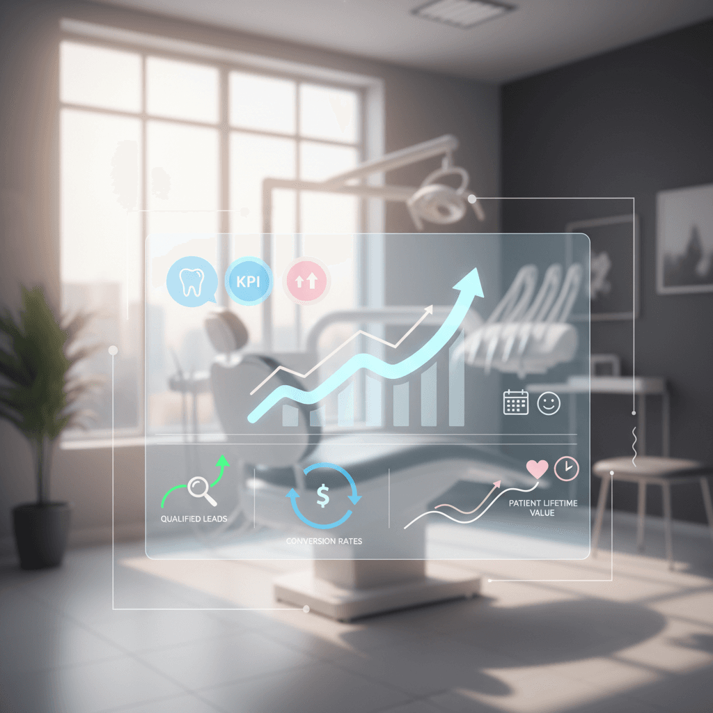 Modern dental dashboard with growth charts and KPI icons in a bright clinic setting.