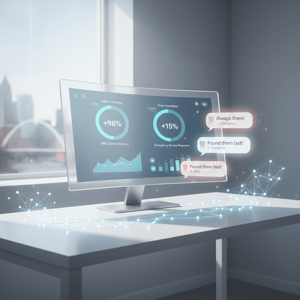 Modern dental dashboard with growth charts, testimonial bubbles, Glasgow skyline, and data motifs.