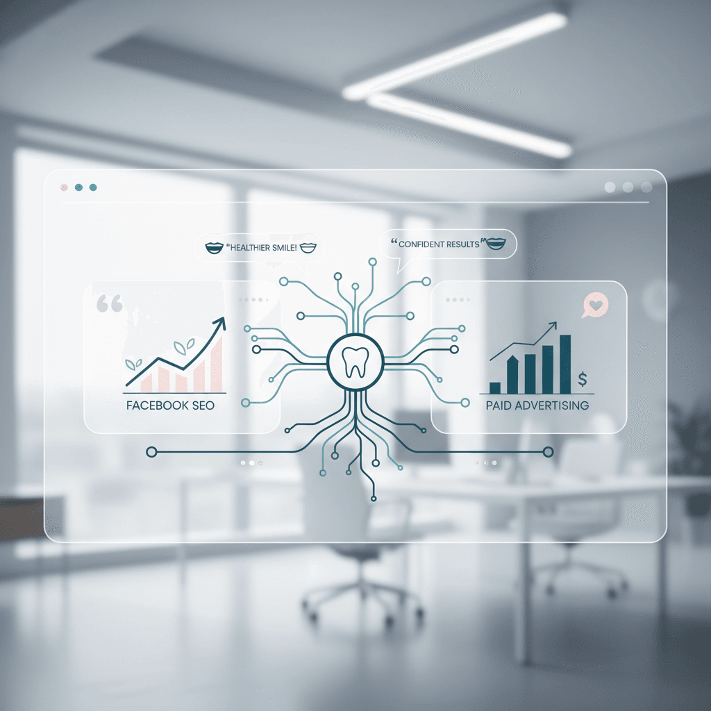 Modern dental dashboard with growth charts, testimonial bubbles, and organic digital pathways.