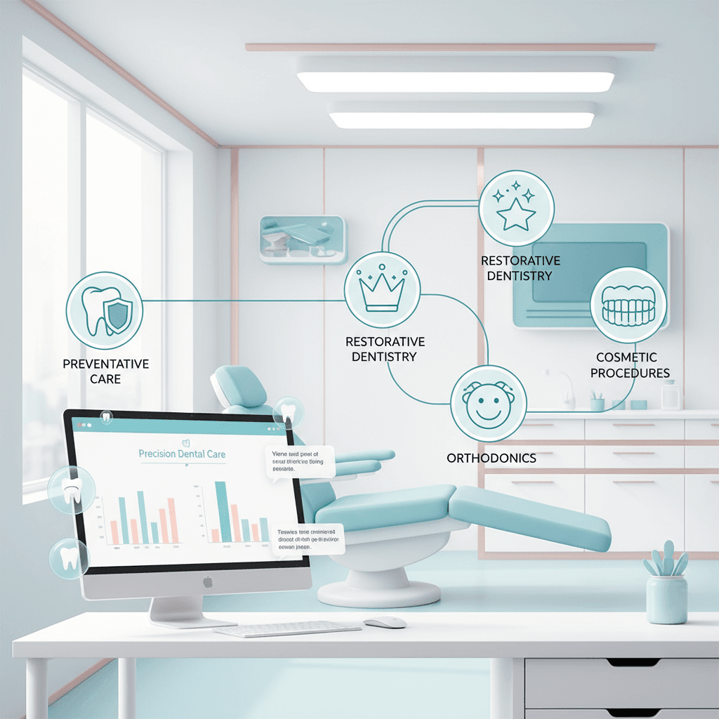 Modern dental dashboard with growth charts, testimonial bubbles, and interconnected care icons in a bright, clinical setting.
