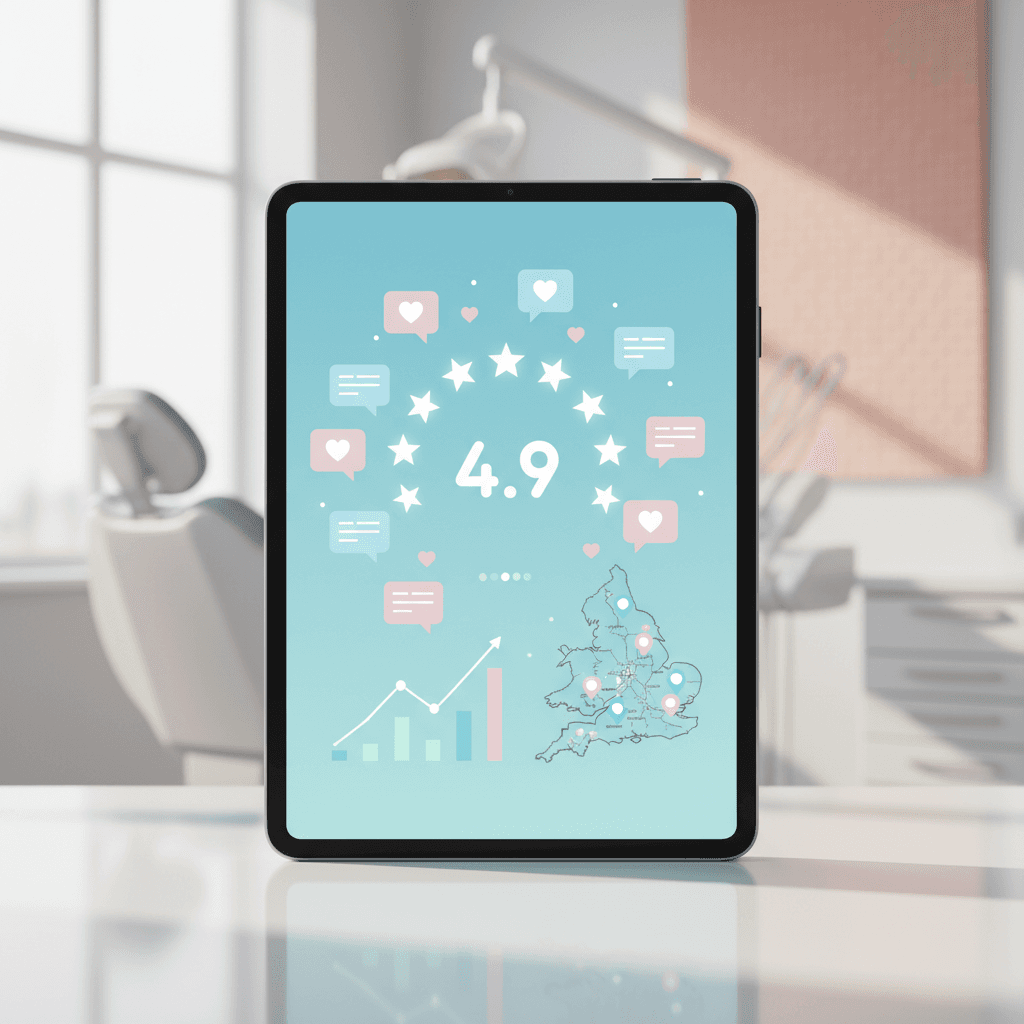 Modern dental dashboard with review stars, growth charts, and UK cityscape in a bright, minimalist workspace.
