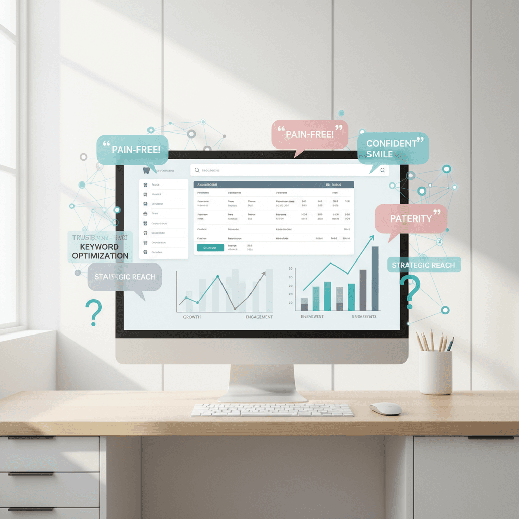 Modern dental dashboard with testimonial bubbles, growth charts, and research icons in clinical tones.