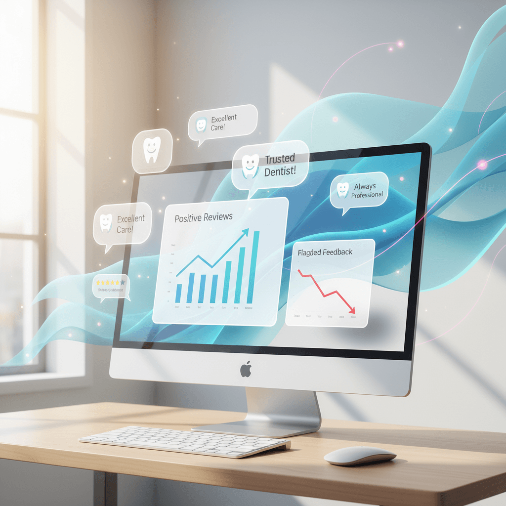 Modern dental dashboard with testimonials, growth charts, and trust symbols in bright workspace.