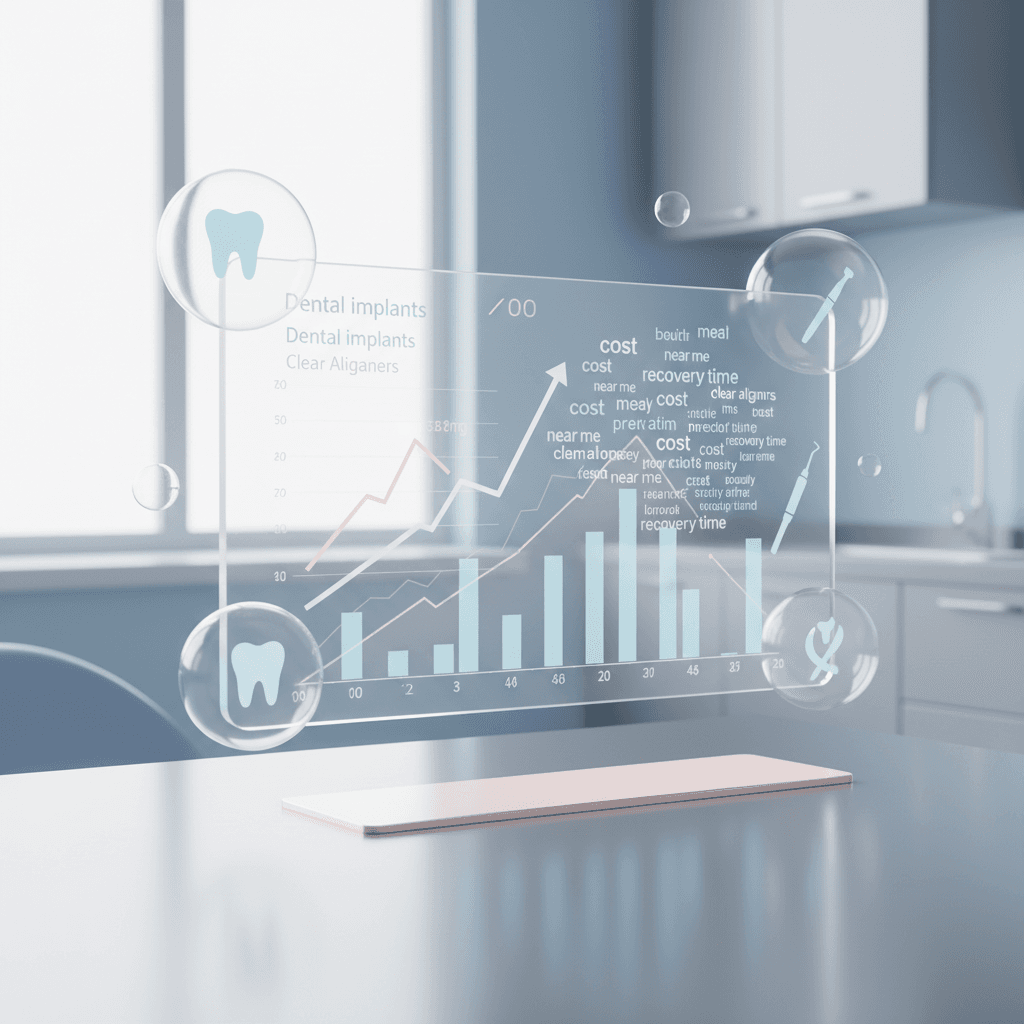 Modern dental dashboard with trend graphs, data bubbles, and dental tools in a bright, clinical workspace.
