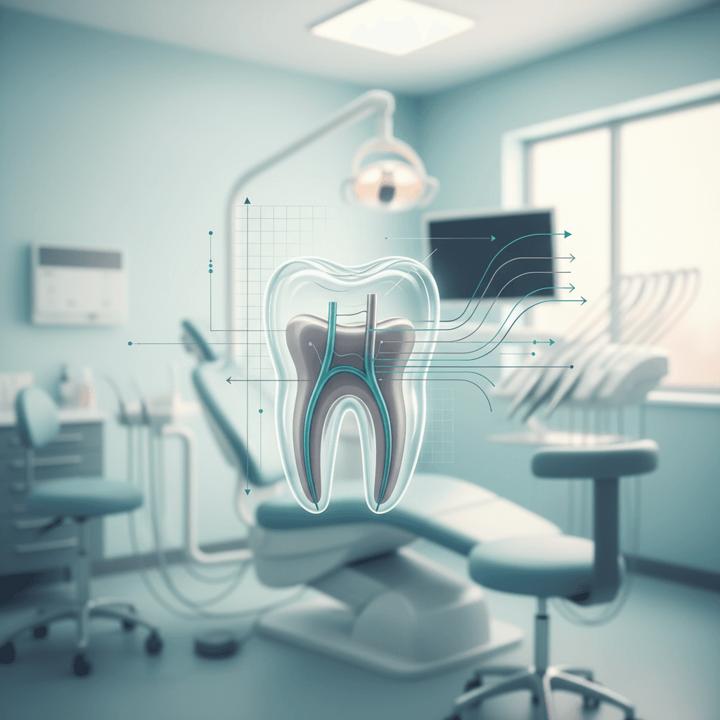 Modern dental illustration of a translucent molar with root canal, geometric overlays, and schematic lines.
