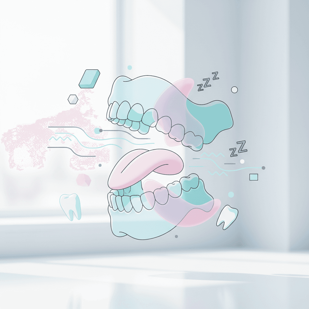 Modern dental illustration showing airway and oral tissues in soft motion with clinical colors.