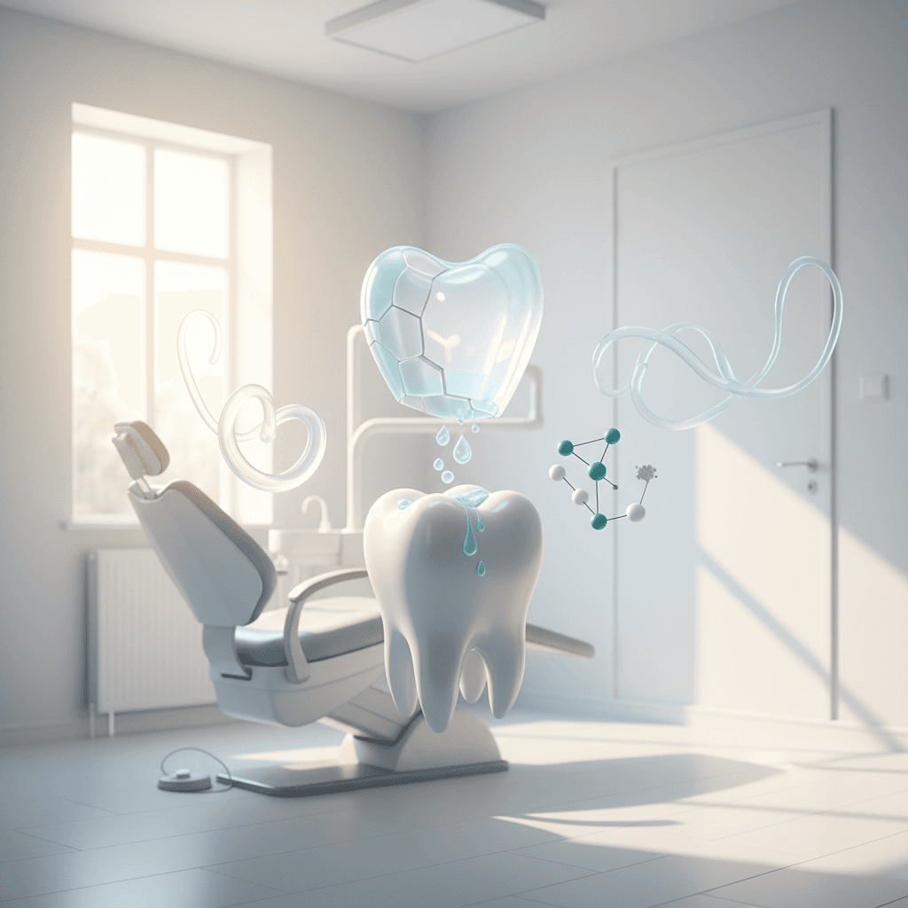 Modern dental illustration showing zirconia crown fragment, moisture droplets, acid molecules, and resin strands in a bright clinical room.