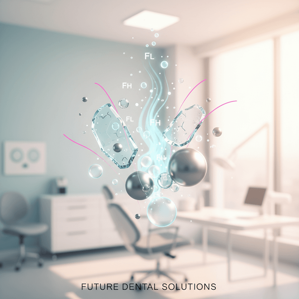 Modern dental illustration with bioactive glass particles and nanoceramic spheres in a bright clinical setting.