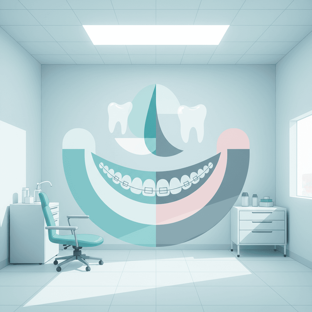 Modern dental illustration with geometric smile and facial contours in bright, clinical tones.