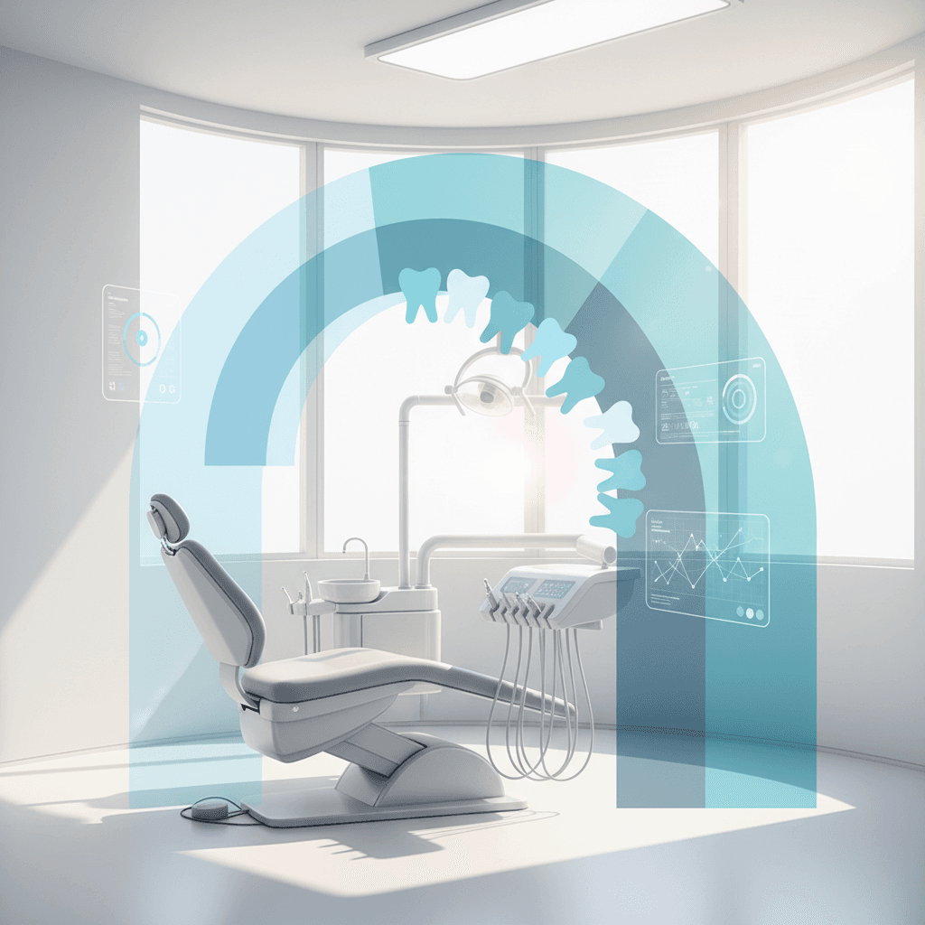Modern dental illustration with translucent overlays, tooth silhouettes, and digital interface elements in a clinical setting.