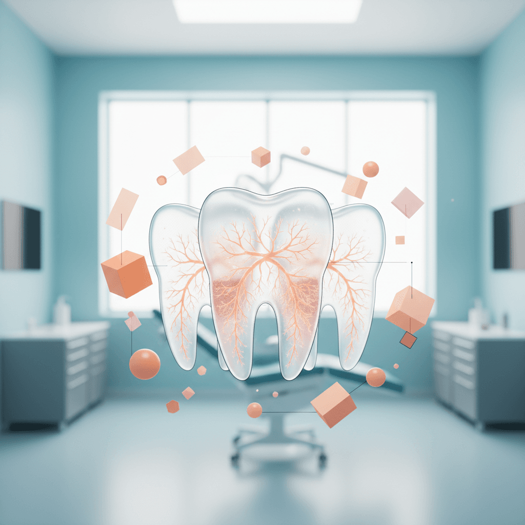 Modern dental illustration with translucent teeth, geometric shapes, and calming clinical background.