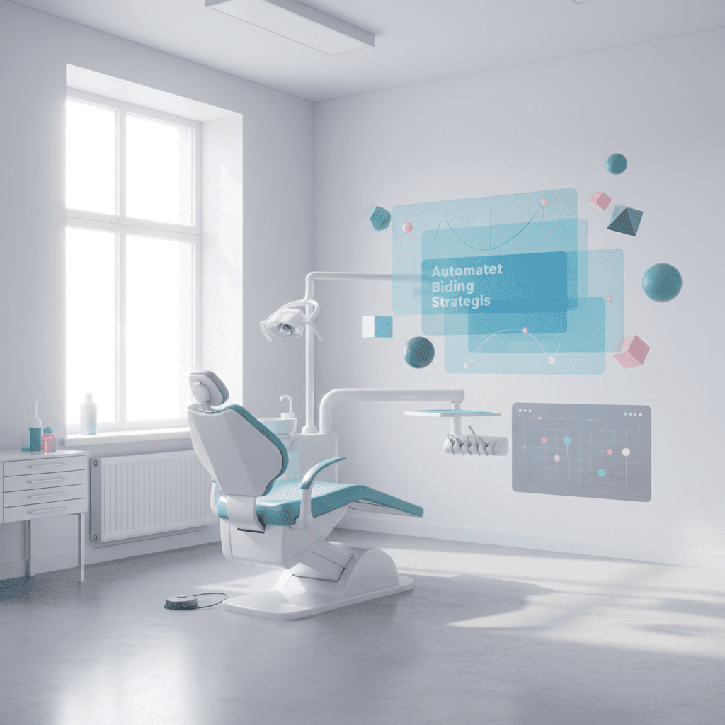 Modern dental treatment room with abstract layered charts and geometric shapes representing data control.