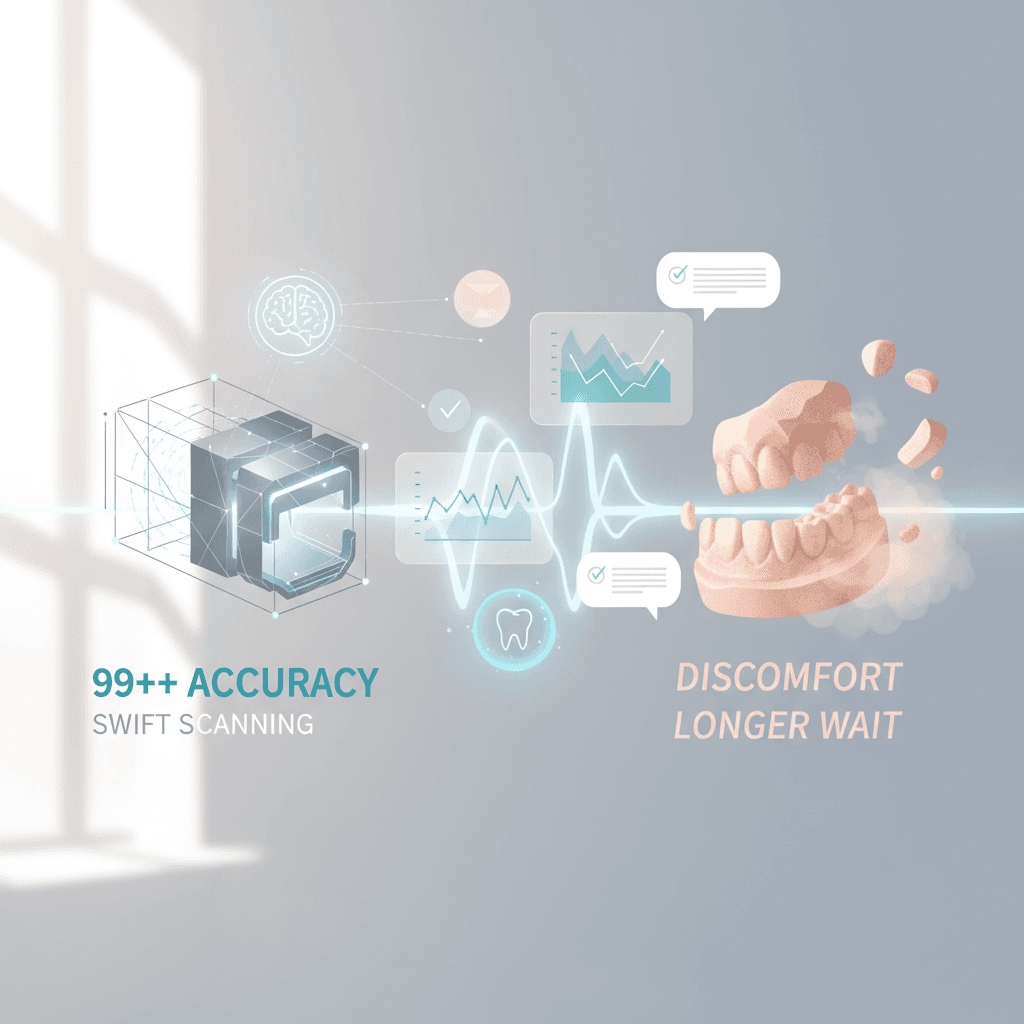 Modern dental treatment room with digital accuracy visuals and comforting impression textures.
