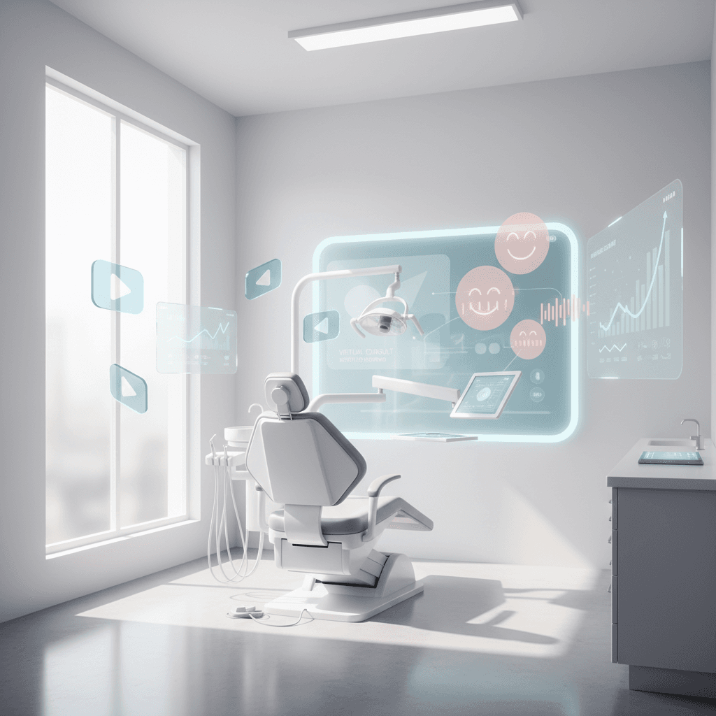 Modern dental treatment room with digital charts, video icons, and testimonial bubbles.