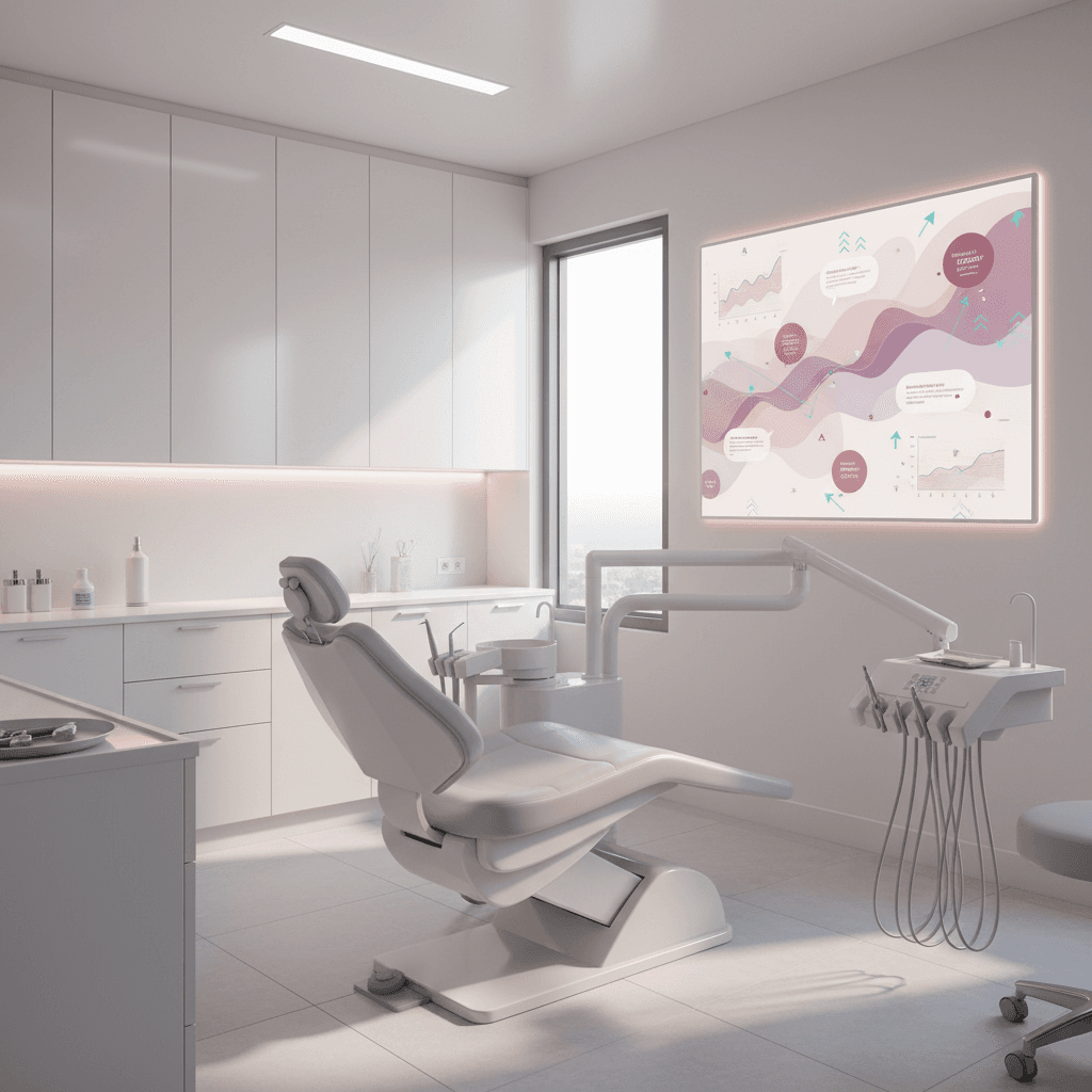 Modern dental treatment room with digital dashboard displaying growth charts and testimonial bubbles.