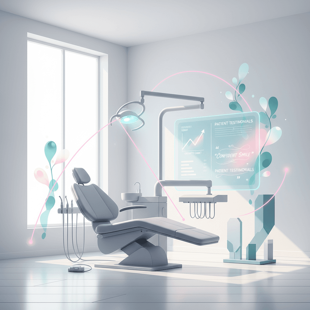 Modern dental treatment room with digital interfaces, warm accents, and organic shapes.
